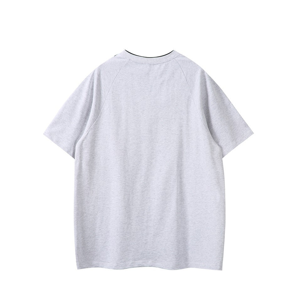 Back view of a plain light gray short-sleeve T-shirt with raglan sleeves.