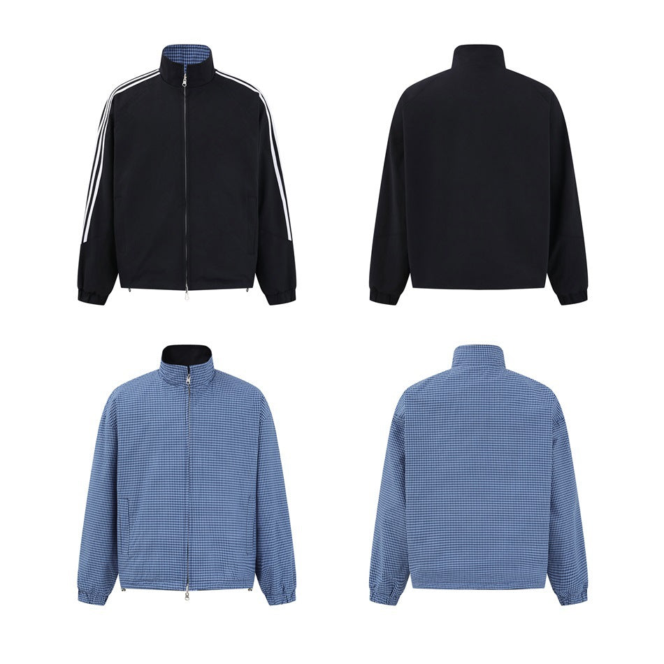Front and back views of both sides of reversible jacket: black striped side and blue check side
