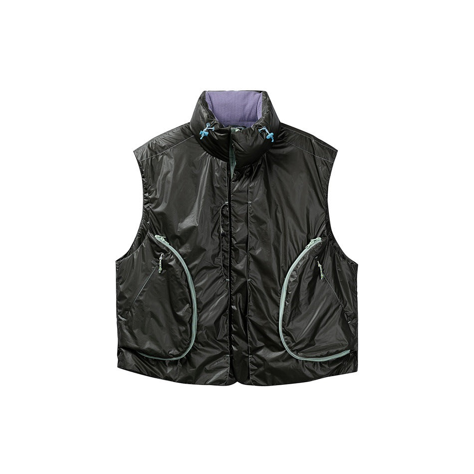 Dark green-black stand-collar quilted vest with teal curved zip pockets, blue toggles and purple collar lining, flat lay