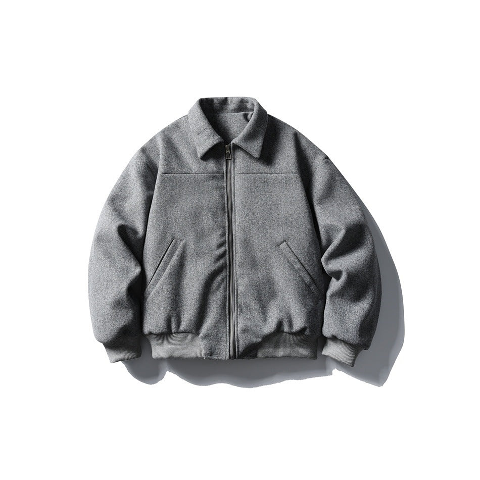 Heather gray bomber-style jacket with pointed collar, front zipper, slanted pockets and ribbed hem, front view