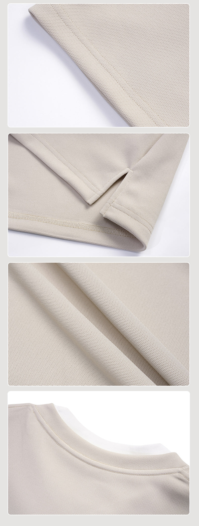 Close-ups of a light beige textured top showing its fabric, hem, sleeve cuff, and back neckline.