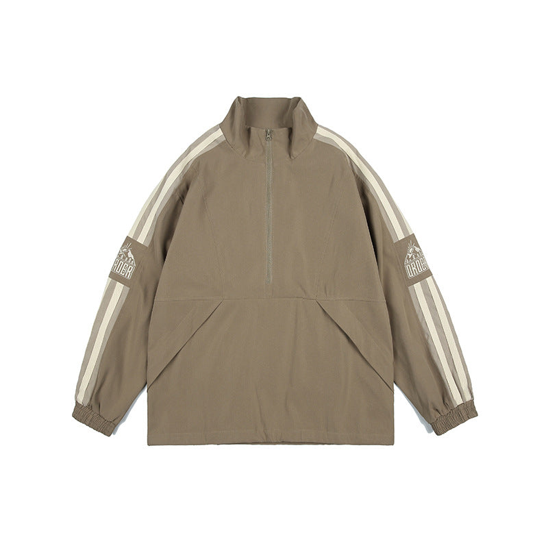 Khaki half-zip stand-collar jacket with cream sleeve stripes, sleeve patch and front pouch pocket, flat lay