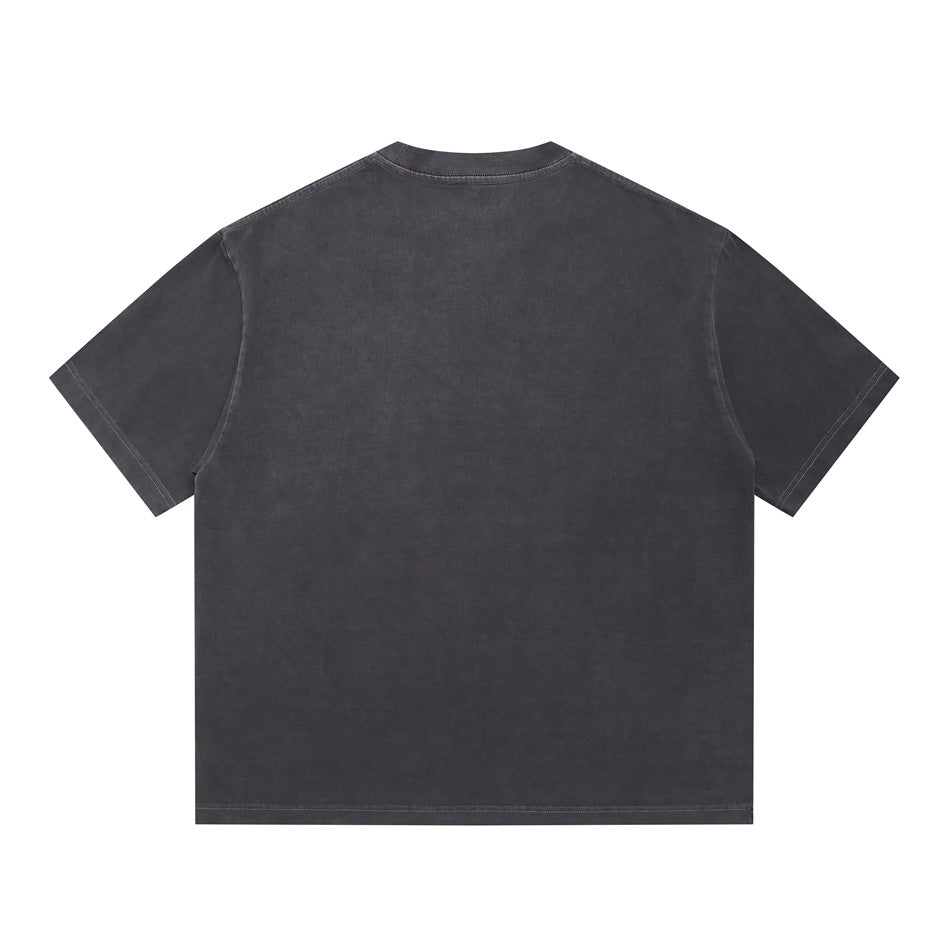 Back view of a plain charcoal short-sleeve crew-neck T-shirt laid flat.