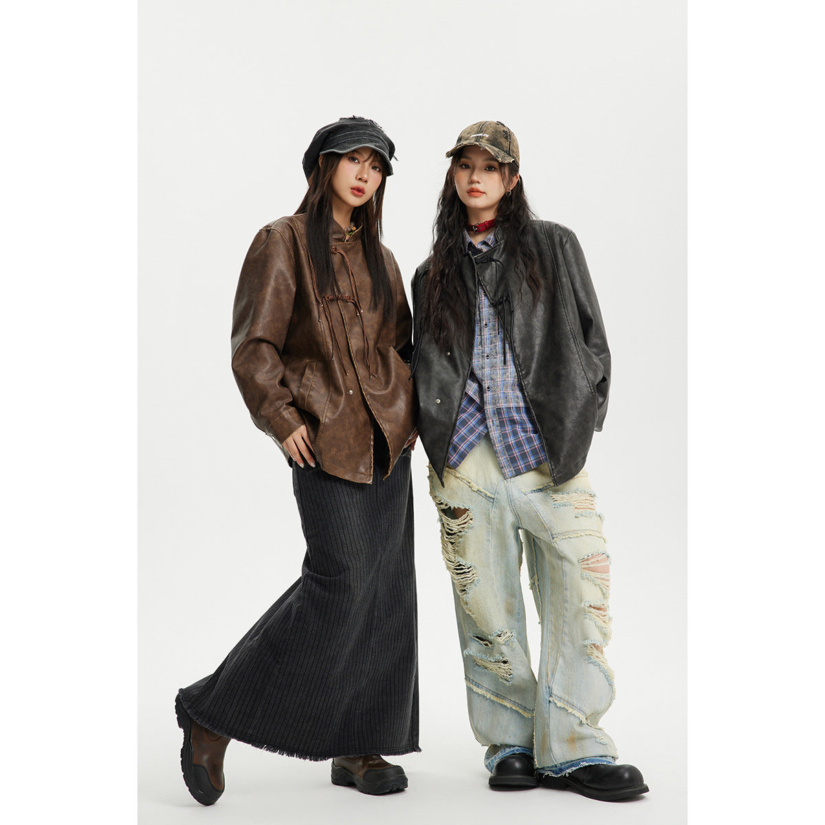 Two models wear brown and black Chinese-knot jackets; one pairs hers with a long dark skirt, the other with ripped jeans.