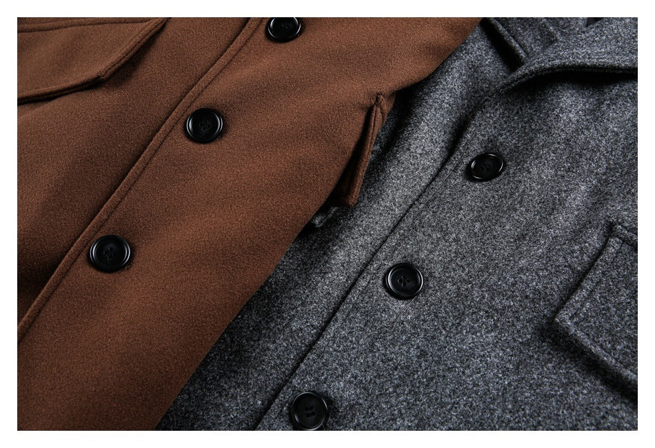 Close-up of brown and charcoal coat fronts showing black buttons, lapels, and seams.