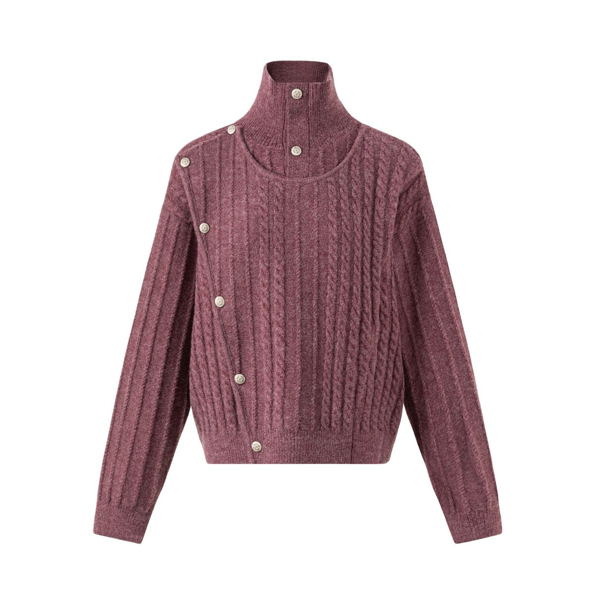 Wine-red cable-knit high-neck sweater with diagonal metal-tone buttons, front flat view