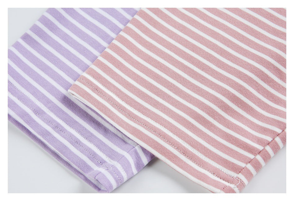 Two striped garment hems in lavender and dusty pink, both with white stripes and stitched edges.