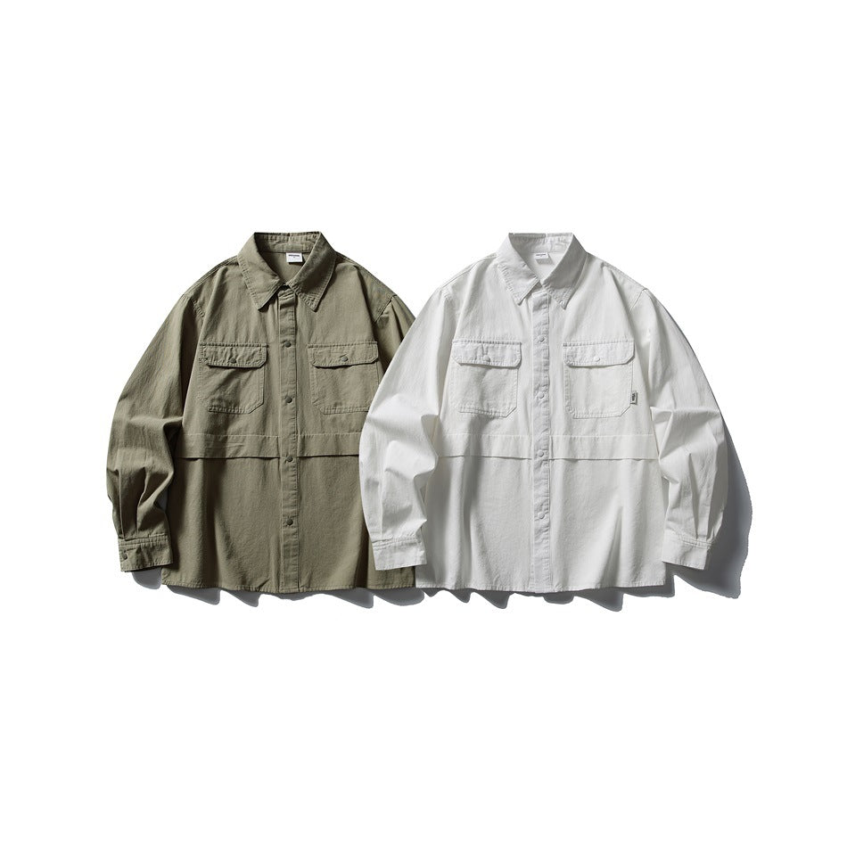 Two long-sleeve button-front shirts shown side by side in olive and white, each with two chest pockets.