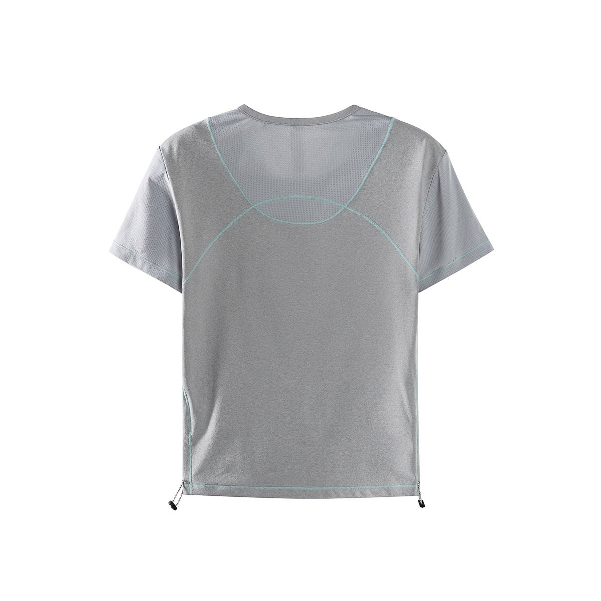 Back view of a gray short-sleeve T-shirt with pale aqua seam piping and adjustable drawcords at the hem.