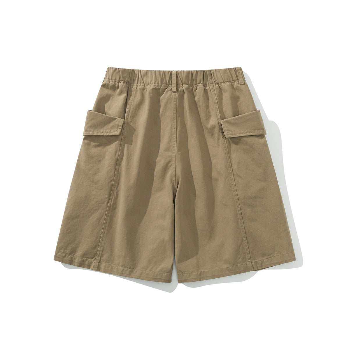 Back view of khaki wide-leg shorts with a gathered waistband and large flap cargo pockets.