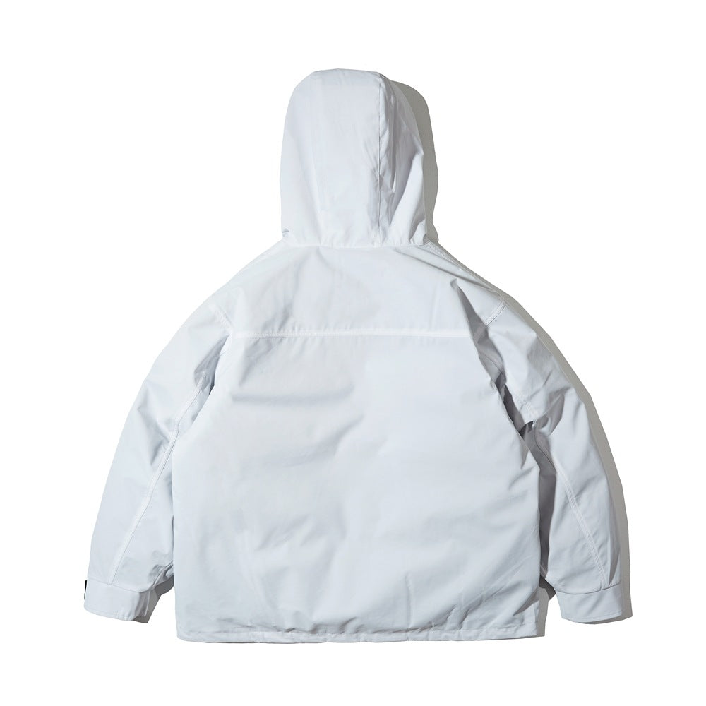Back view of a white hooded jacket with long sleeves and a clean, minimal design.