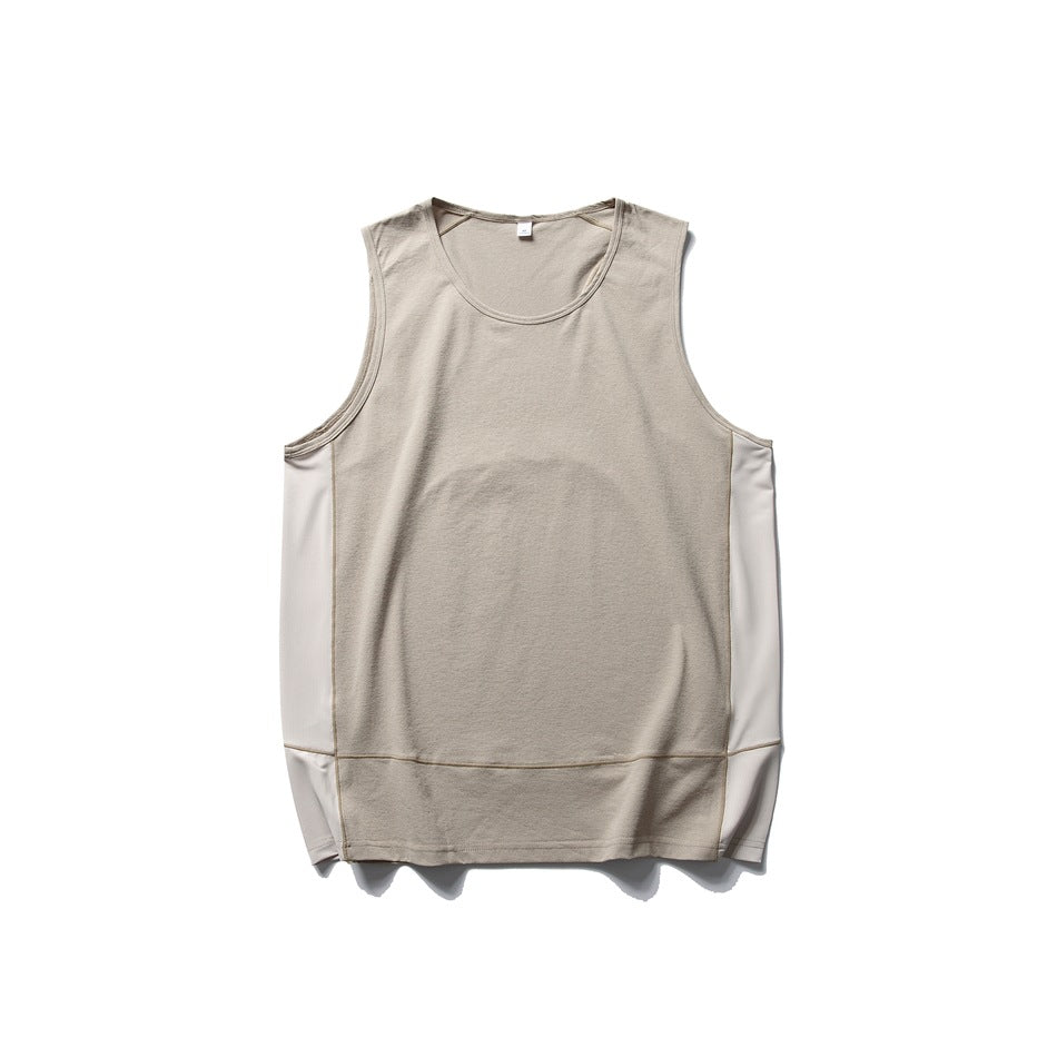Sand beige sleeveless tank top flat lay with lighter cream side panels and a lower hem band