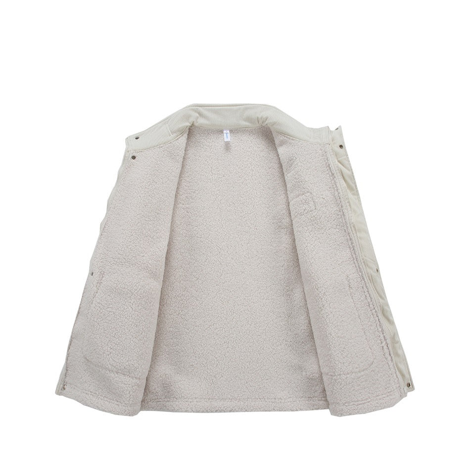 Cream jacket laid open to show its full fluffy lining, corduroy edges, and snap closures.