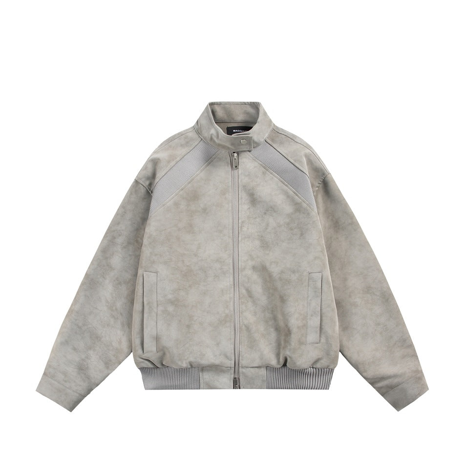 Gray stand-collar zip jacket flat lay with mottled finish, ribbed shoulder panels, ribbed hem and slit pockets