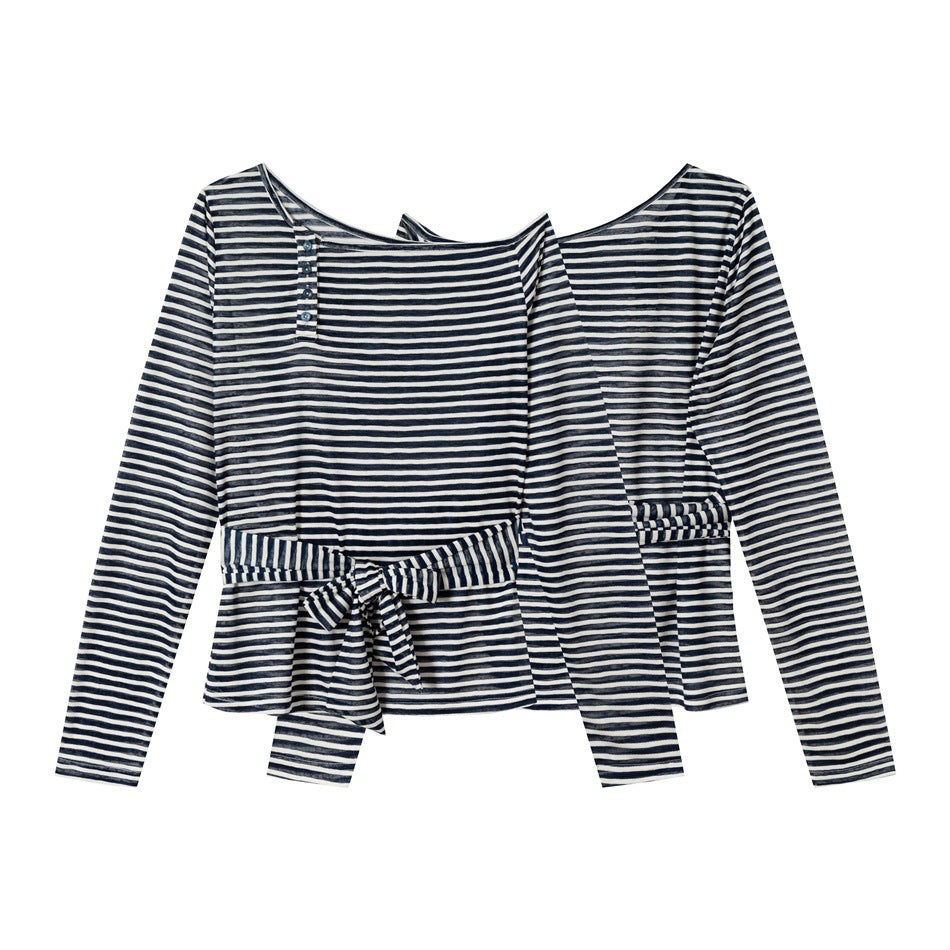 Navy and cream striped long-sleeve top with a wide neckline, short button placket, and tied waist sash, shown in two views.