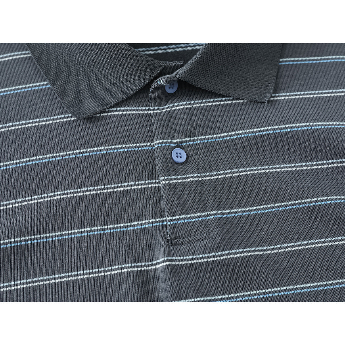Close-up of the charcoal striped polo shirt's collar, blue-button placket, and chest stitching.