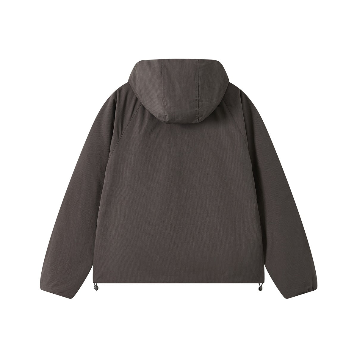 Back view of a dark brown hooded jacket with a plain back and drawcord hem.