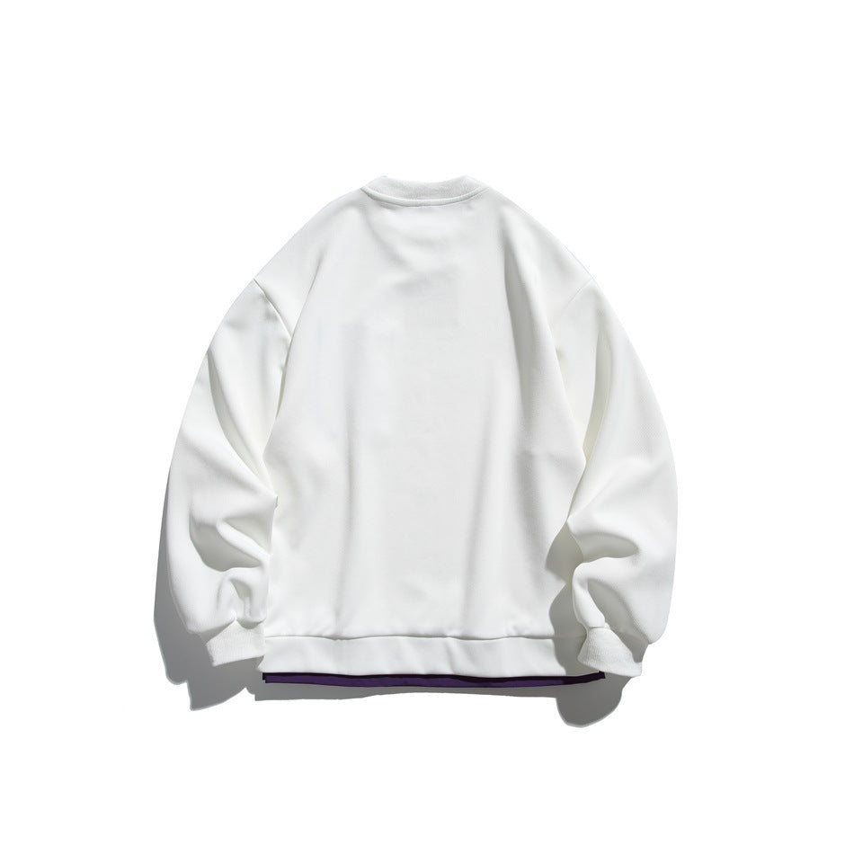 Back view of an ivory crewneck sweatshirt with long sleeves and a purple layer visible at the hem.