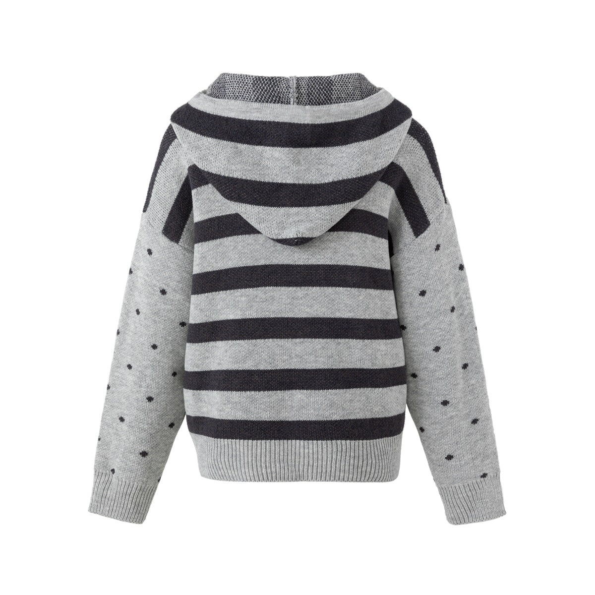Back view of a gray hooded sweater with black horizontal stripes and small dotted sleeve motifs.