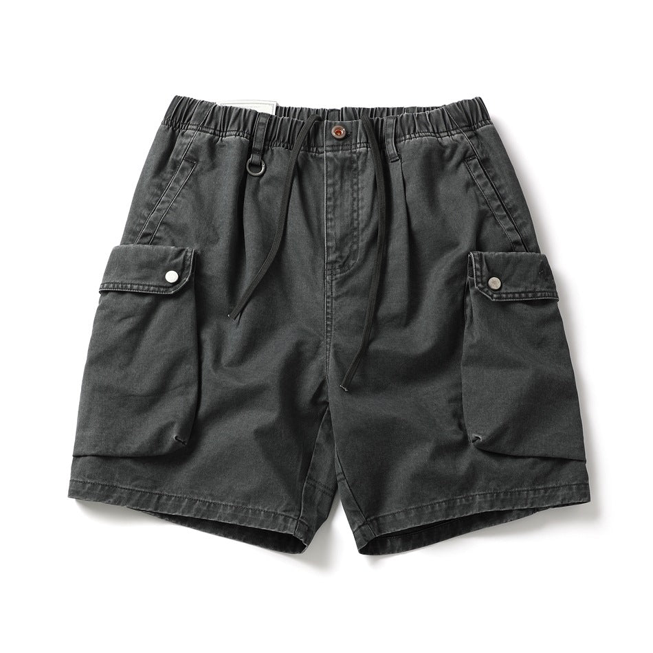 Washed gray cargo shorts with elastic drawstring waist and large snap-flap cargo pockets, flat front view