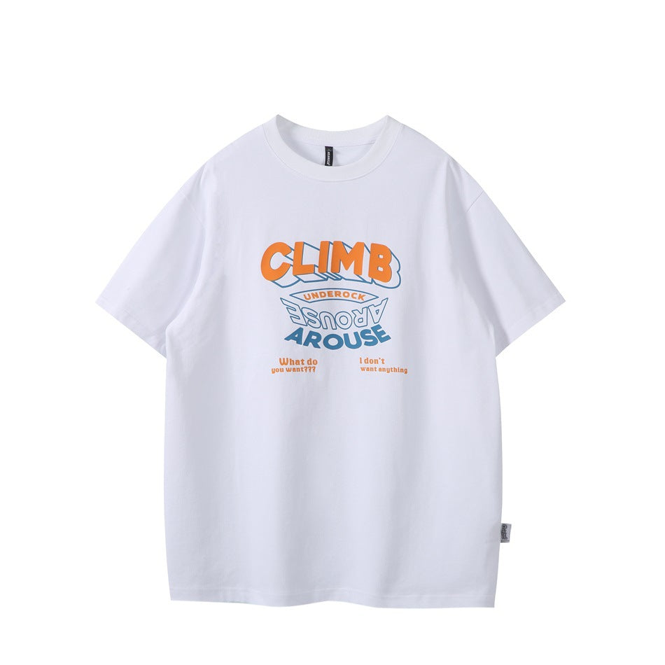 White short-sleeve crew neck T-shirt with orange and blue CLIMB AROUSE graphic print on the front, flat lay