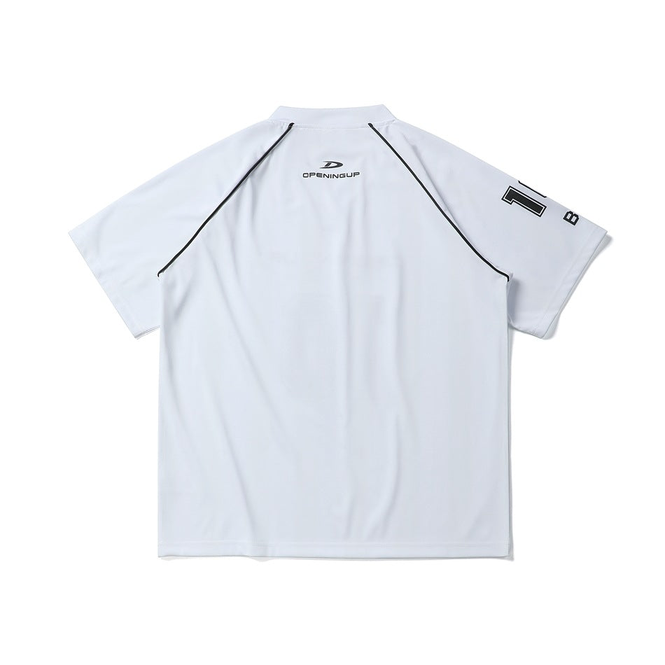 Back view of a white short-sleeve shirt with black piping, a small upper-back logo, and sleeve lettering.
