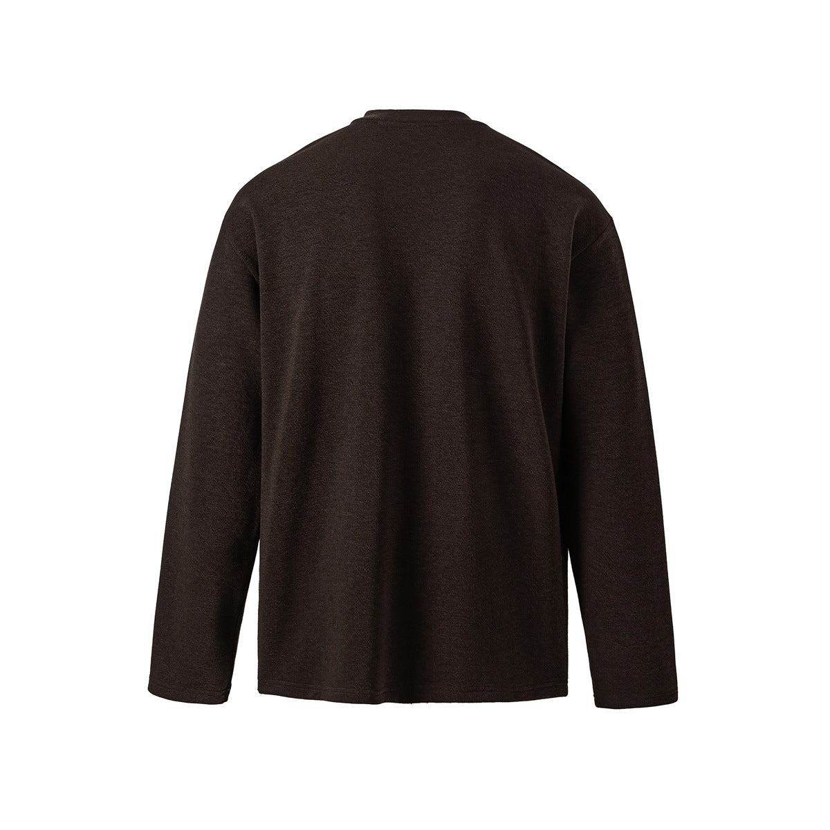 Back view of a plain dark brown long-sleeved crew-neck shirt on a white background.