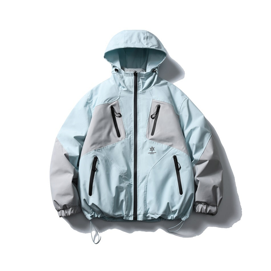 Glacier blue hooded zip jacket with gray color-block panels, four zip pockets and drawcord hem, front flat lay