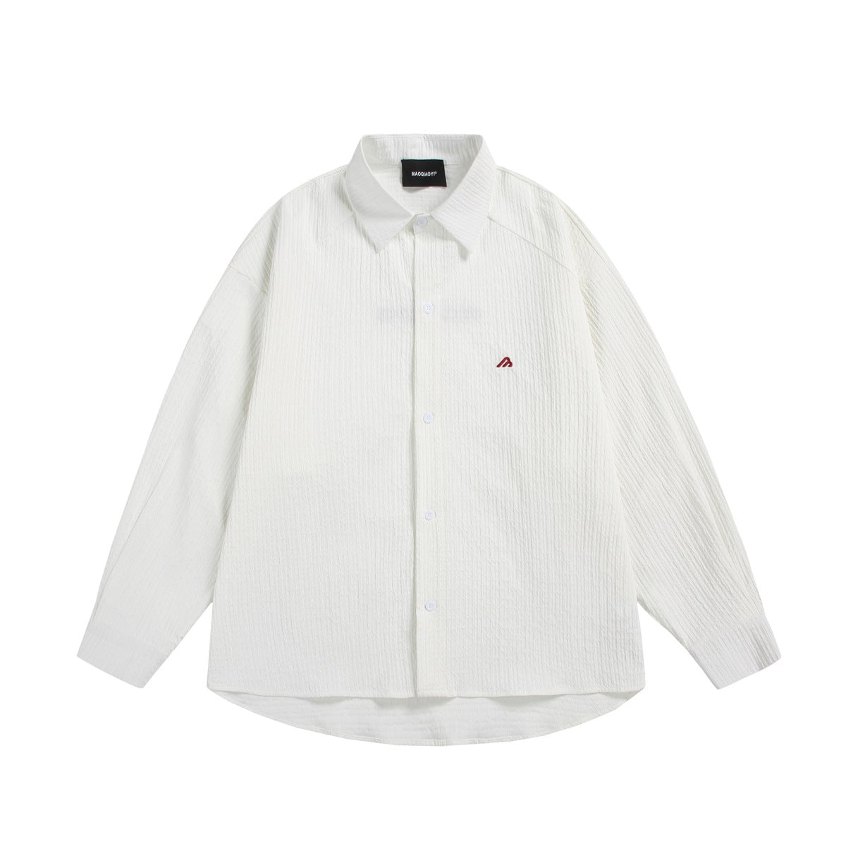 White long-sleeve button-up shirt with pointed collar, subtle textured pattern and a small red chest emblem.