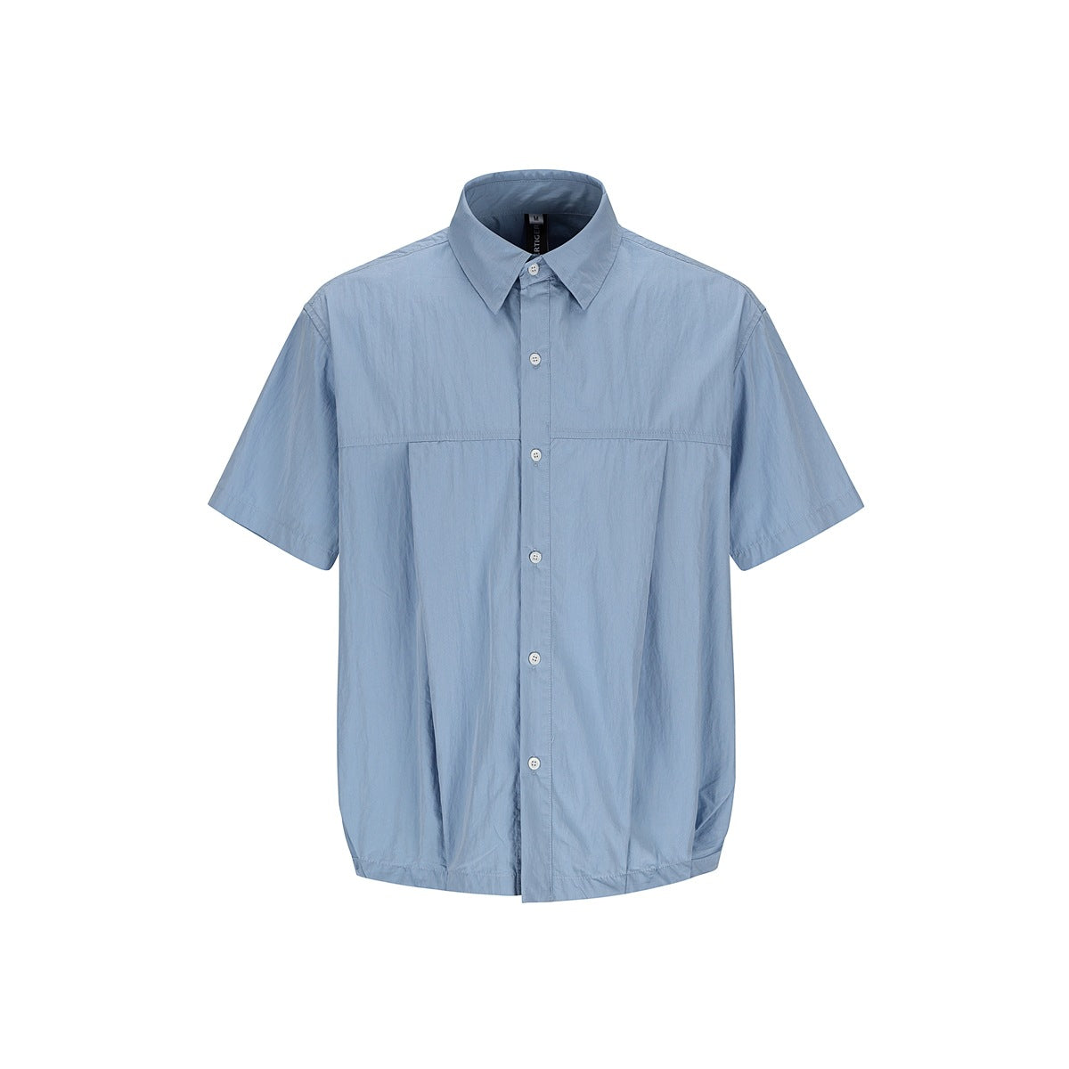 Blue short-sleeve button-up shirt with pointed collar, chest yoke seam and center pleat, flat front view