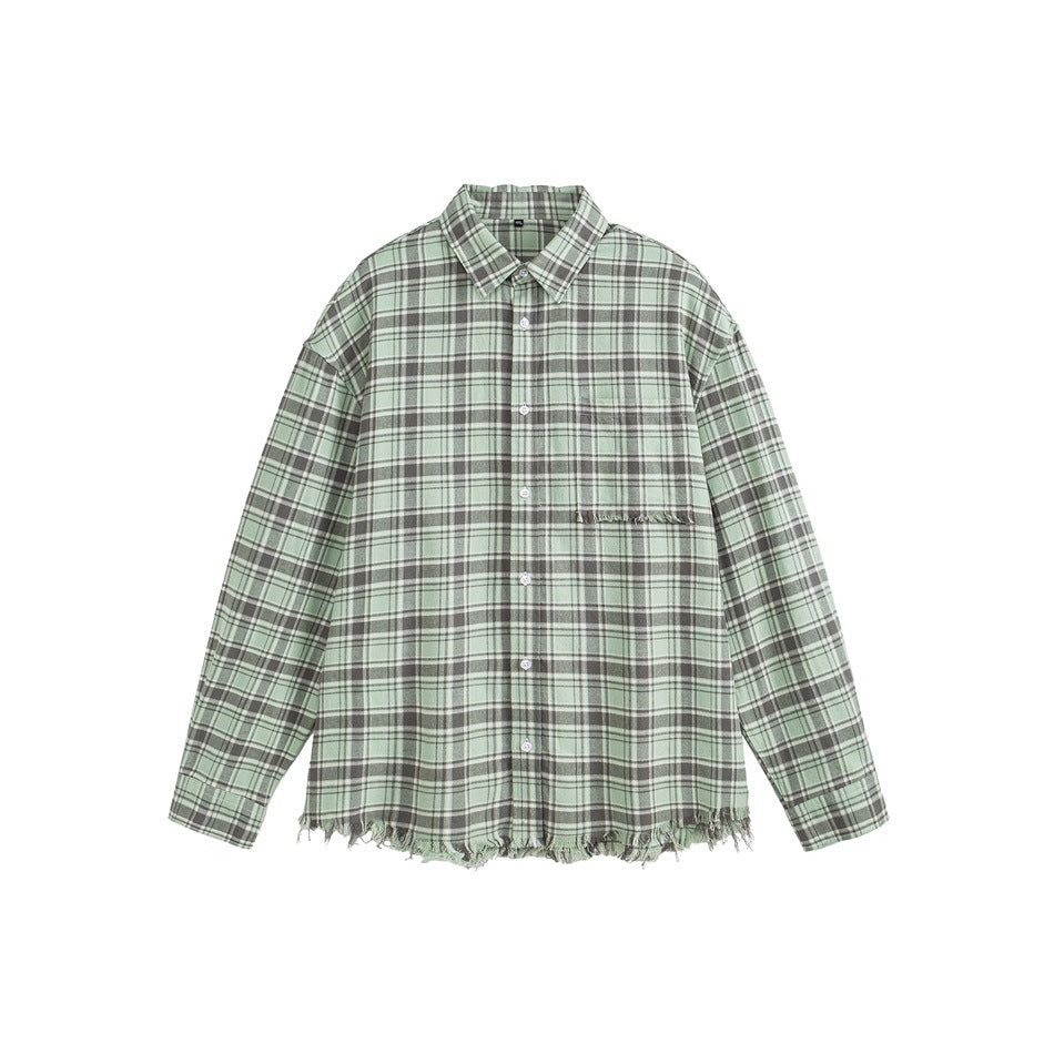 Green and gray plaid long-sleeve button-up shirt with chest pocket and frayed hem, flat front view