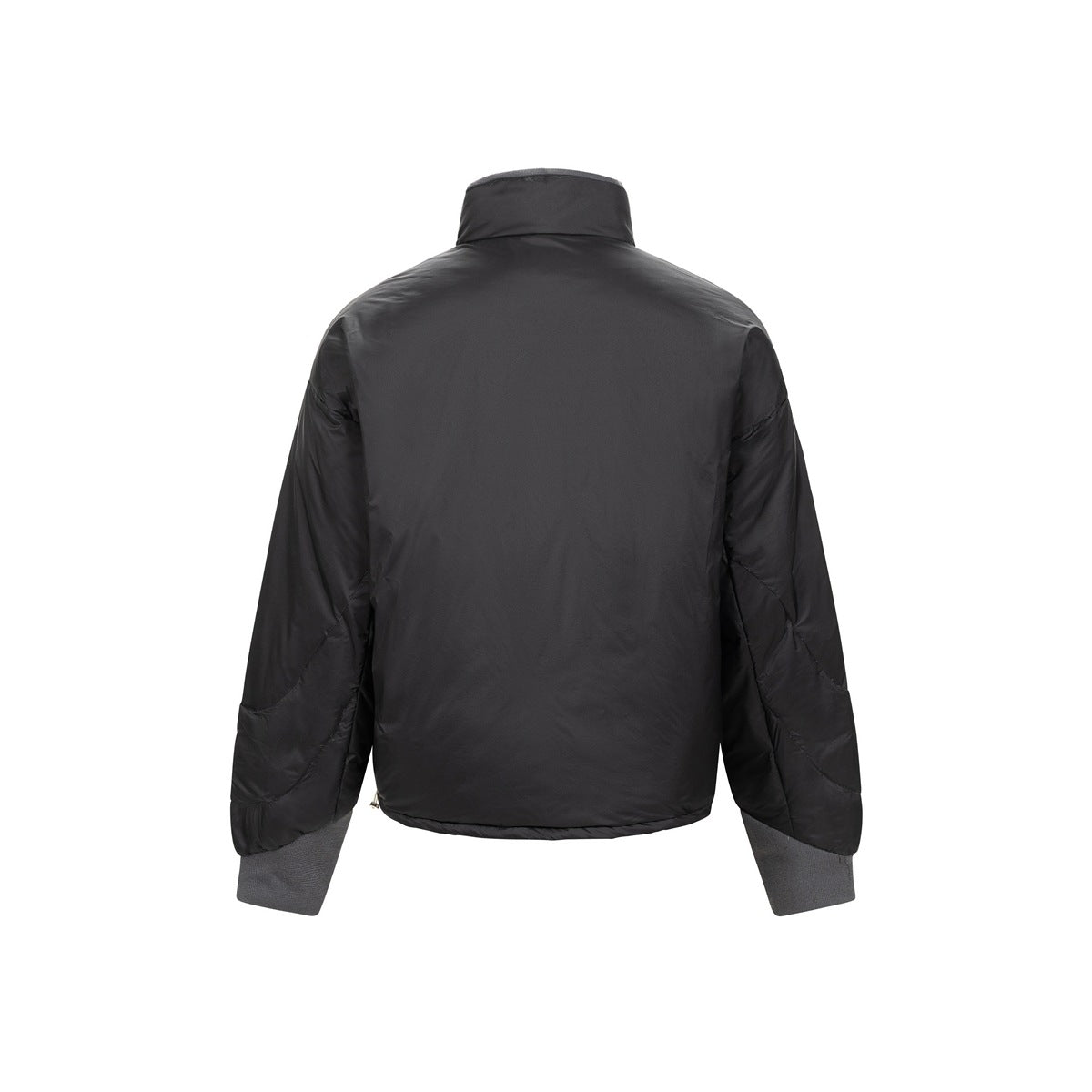 Black cropped quilted jacket with stand collar and gray ribbed cuffs, back view