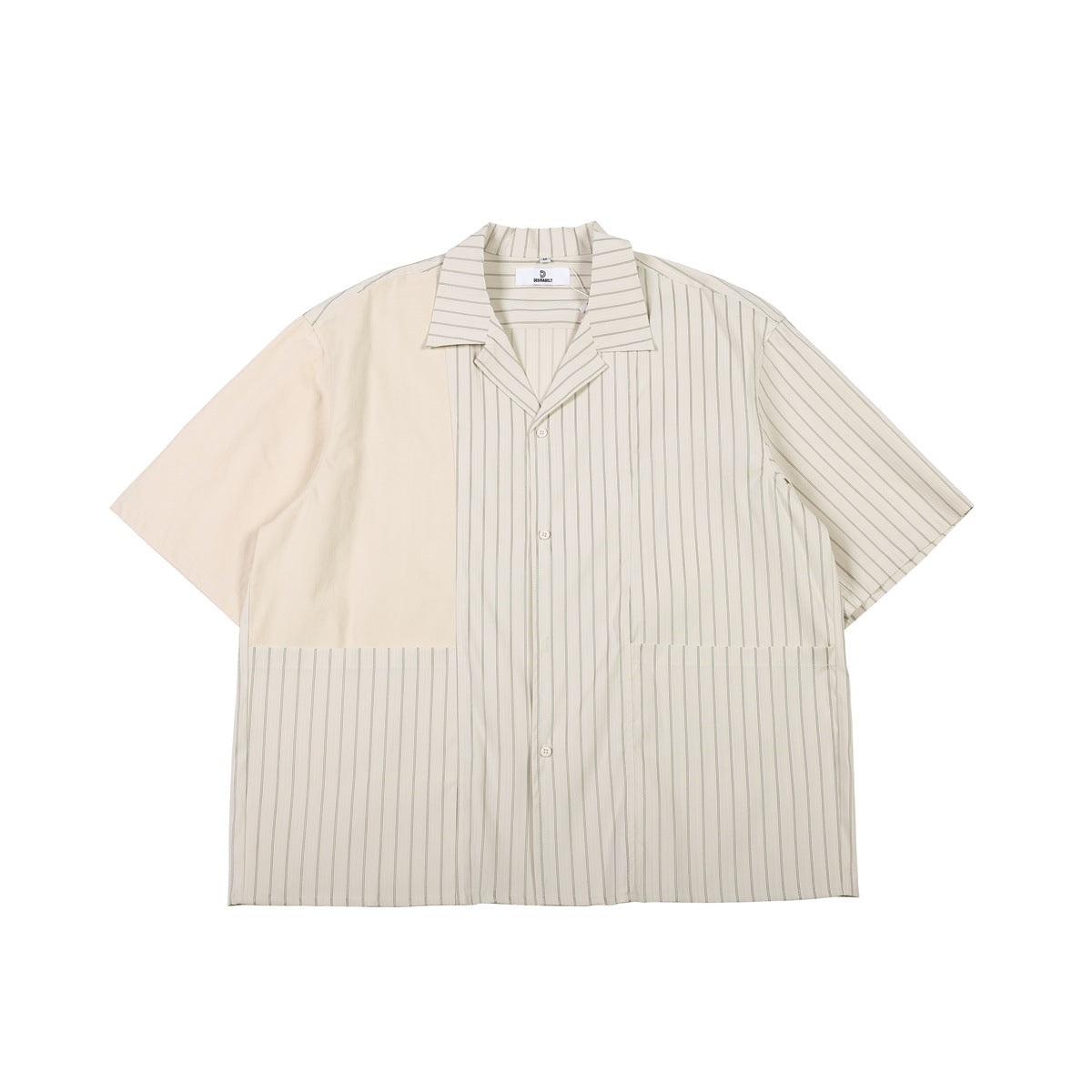 Beige striped short-sleeve camp collar shirt with solid beige color-block panel, flat lay front view