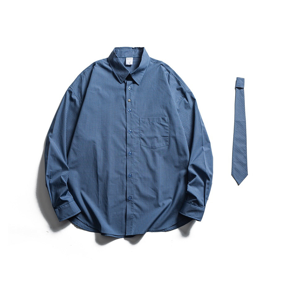 Blue small-plaid long-sleeve button-front shirt flat lay with the matching tie displayed separately