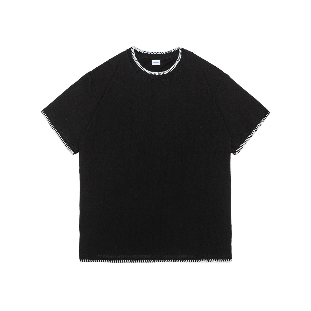 Black crew-neck short-sleeve T-shirt with white contrast stitching at neckline, sleeves and hem, flat front view