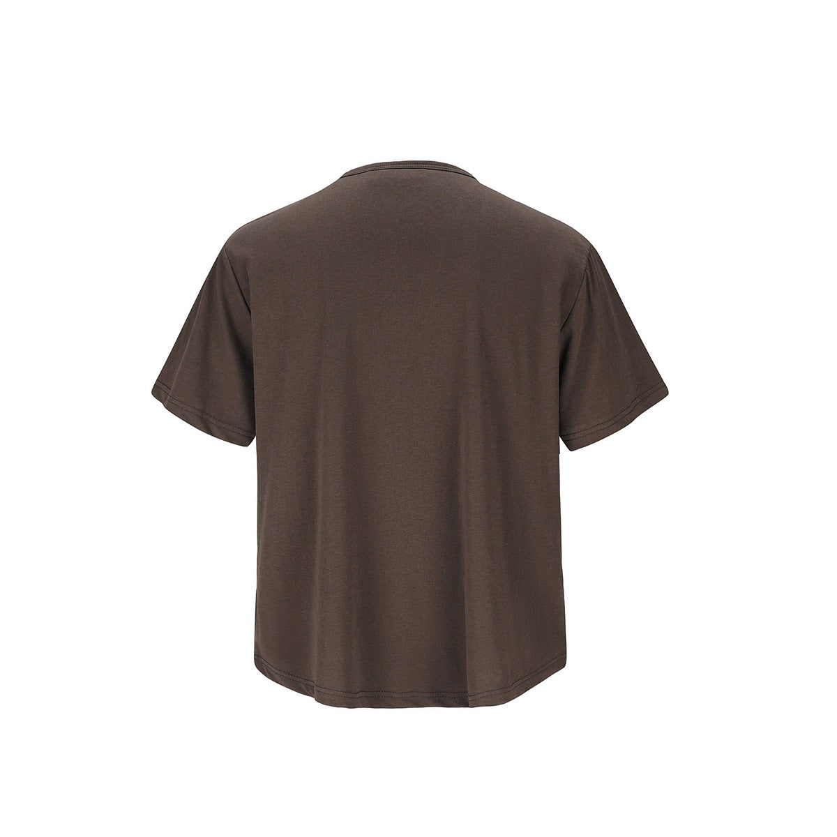 Back view of a plain brown short-sleeve crew-neck shirt against a white background.