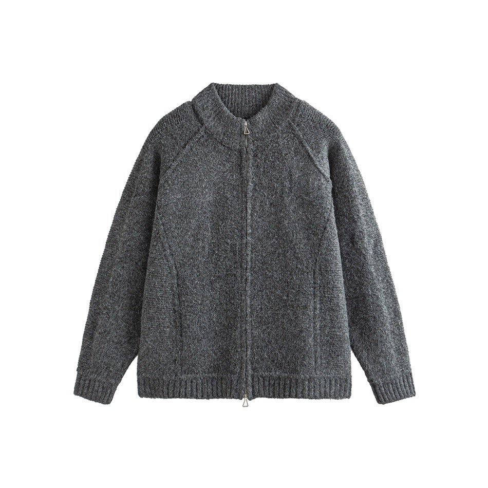 Dark gray fuzzy-textured zip-up knit cardigan with raglan sleeves and ribbed cuffs, flat front view