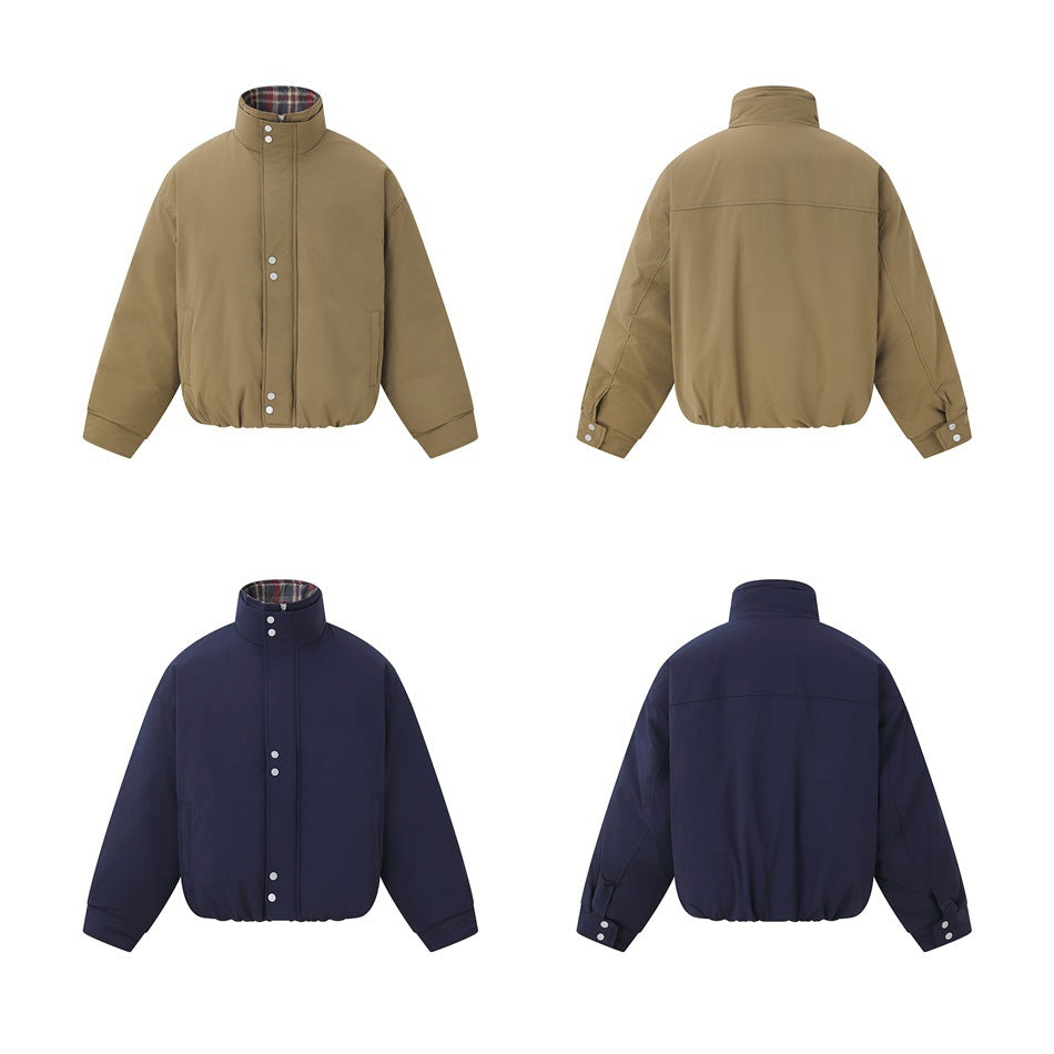 Front and back views of the puffer jacket in khaki and navy, shown as flat lays on a white background