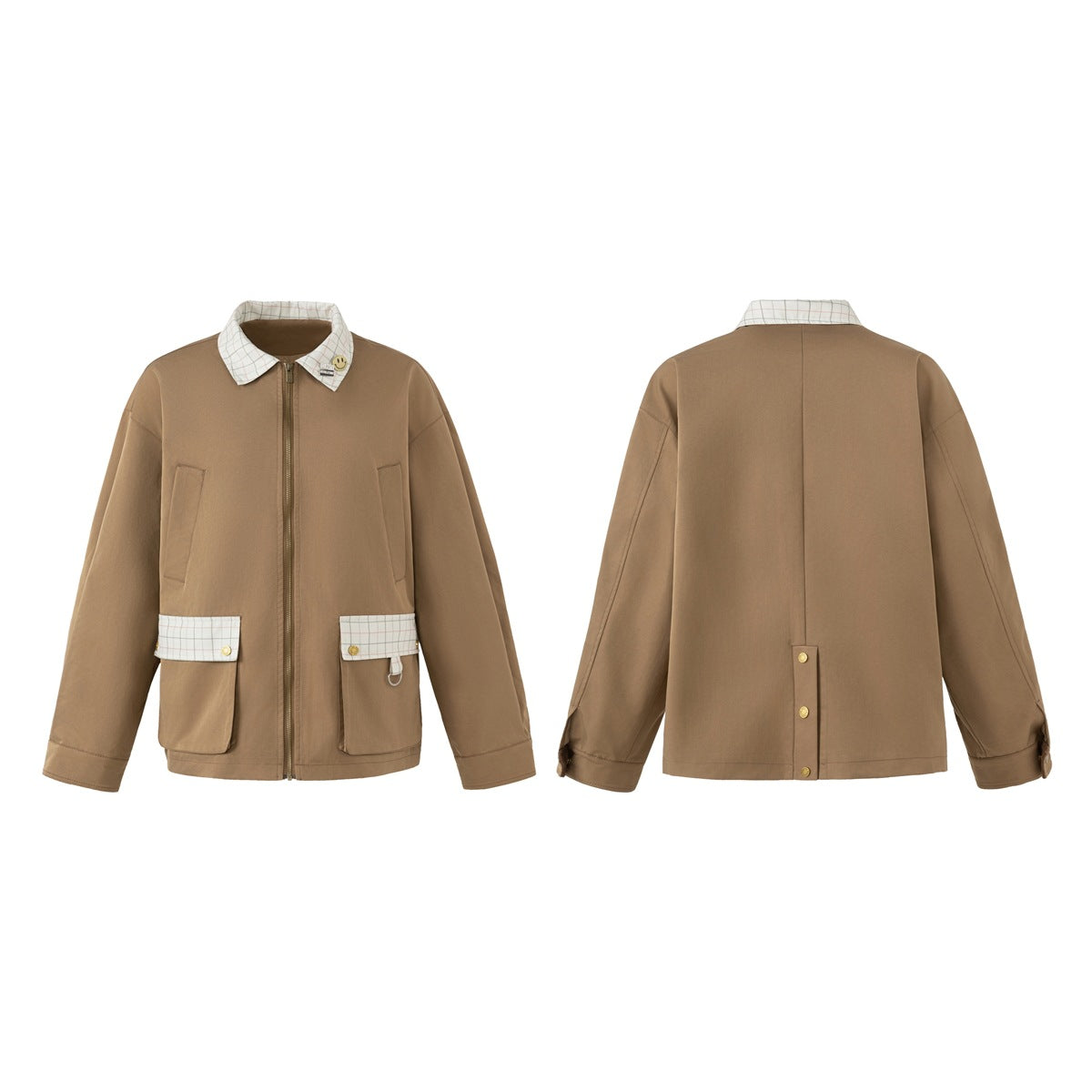 Brown jacket shown from front and back, with a zip front, plaid collar and pocket flaps, and gold-tone buttons.