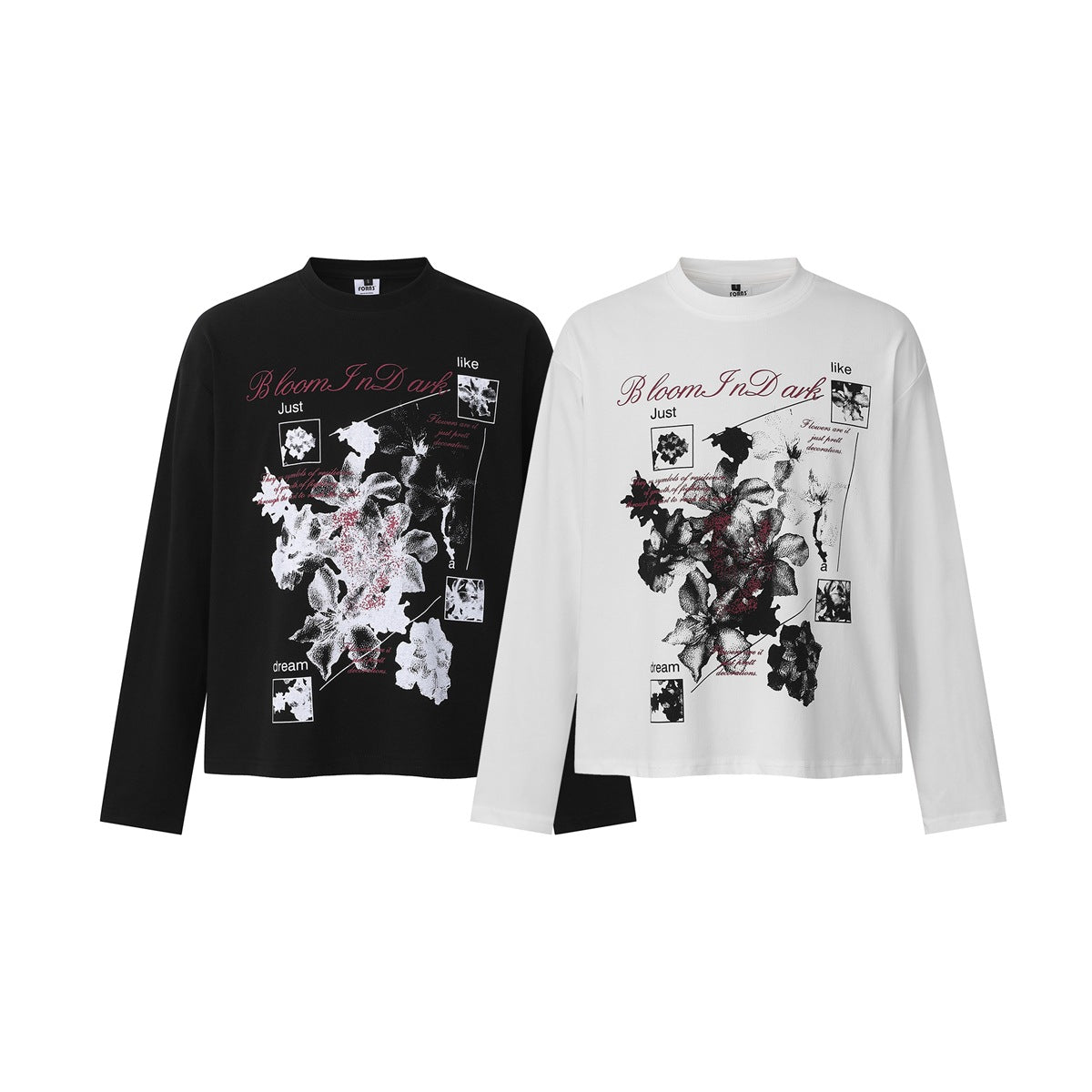 Black and white long-sleeve crew-neck T-shirts with large floral graphics and English lettering on the front.