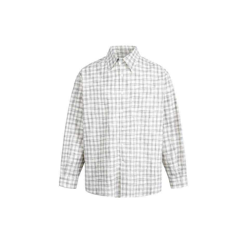 White checked long-sleeve button-up shirt with pointed collar and chest pocket, front view on a plain background