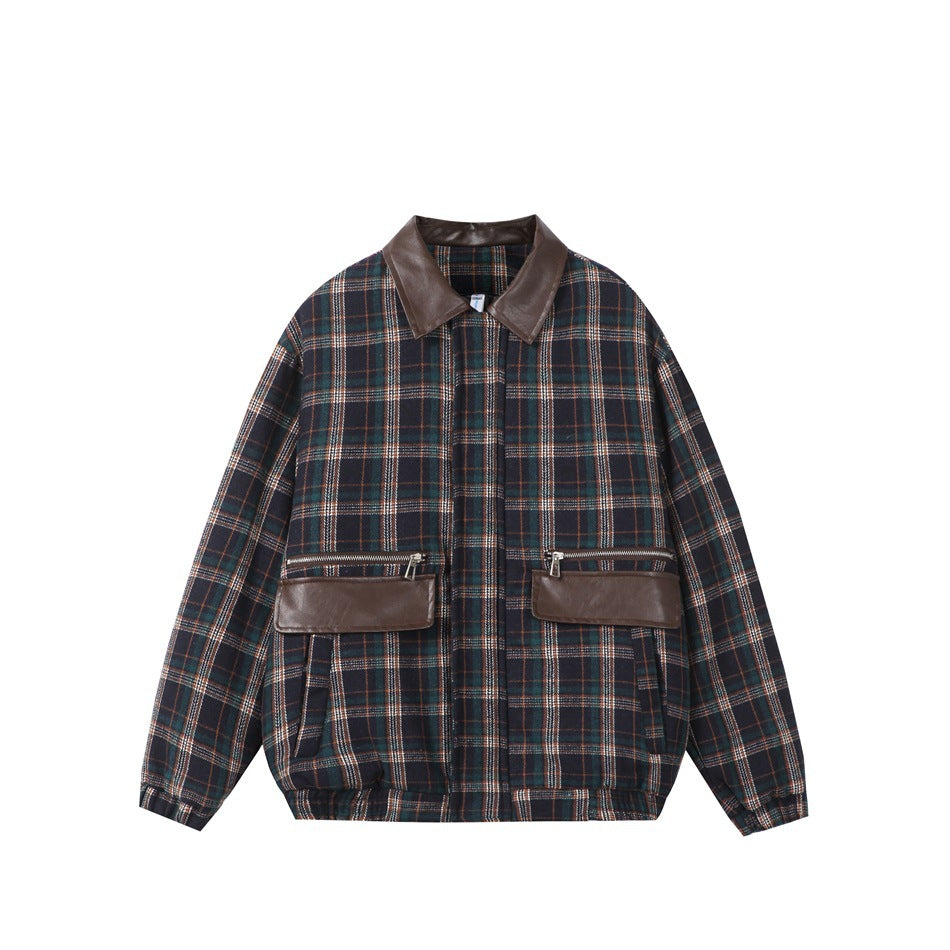 Navy and green plaid collared jacket with brown faux-leather collar and flap pockets, front flat view