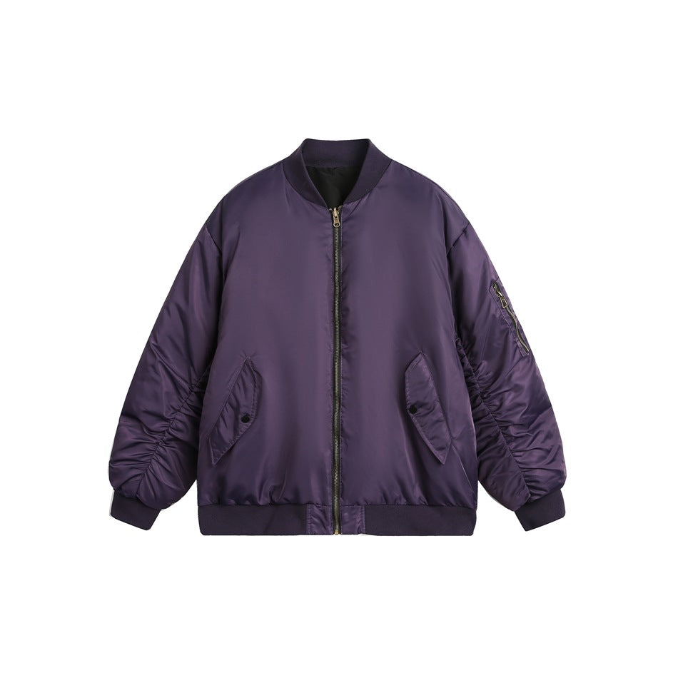 Purple satin-look bomber jacket with ribbed collar, snap-flap pockets, ruched sleeves, front zipper and sleeve zip pocket