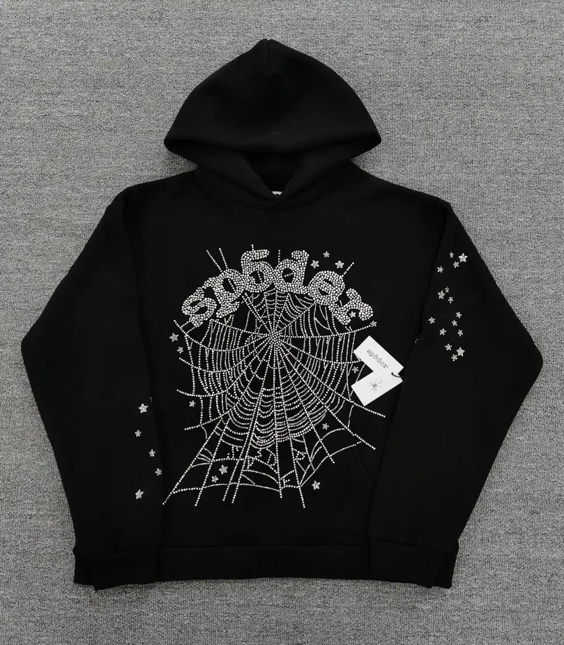 Sp5der black hoodie with rhinestone spider web graphic and star sleeve embellishments