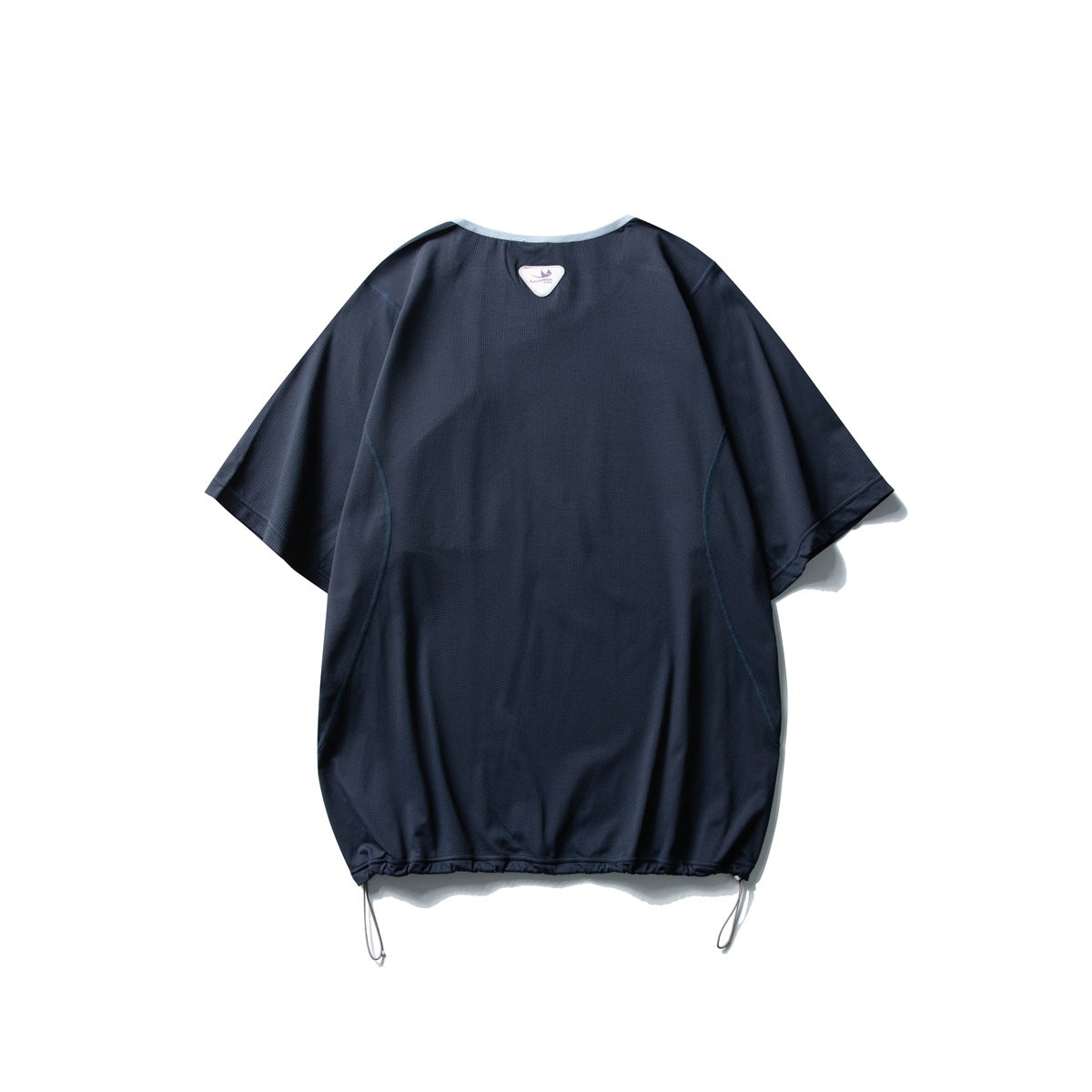 Back view of a navy oversized short-sleeve shirt with pale blue neckline trim and adjustable drawstrings at the hem.
