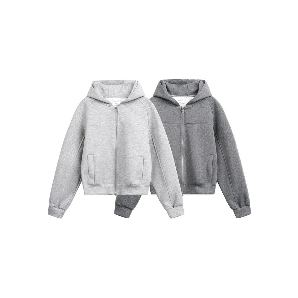 Front views of two hooded zip-up jackets with front pockets, one light gray and one medium gray.