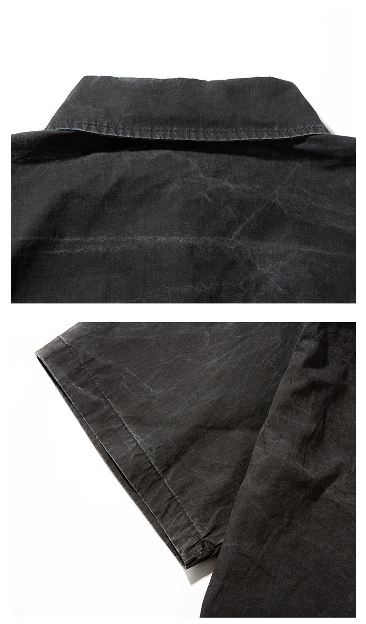 Close-up views of the charcoal shirt's back collar and short sleeve with visible stitching.