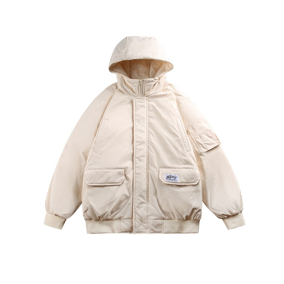 Apricot cream jacket with the fur trim removed, showing the bare hood, stand collar, front zip, flap pockets and sleeve