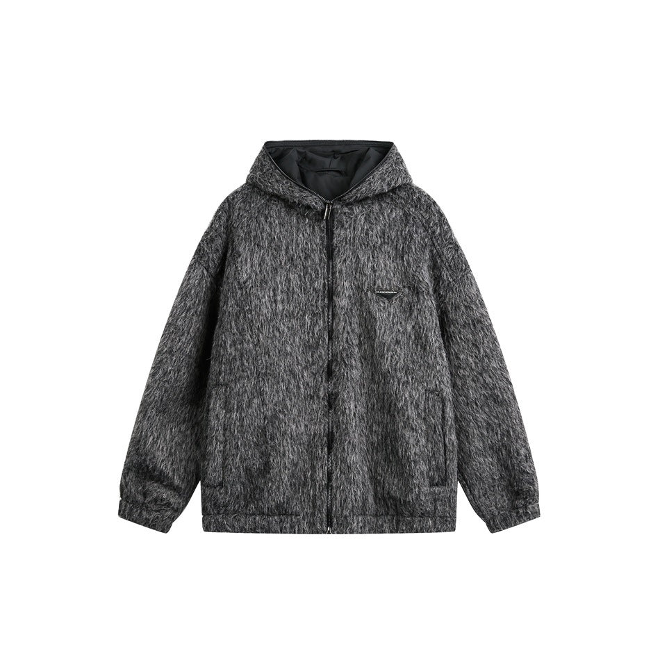 Black and gray brushed fleece-like hooded zip jacket, front flat view with pockets and banded cuffs