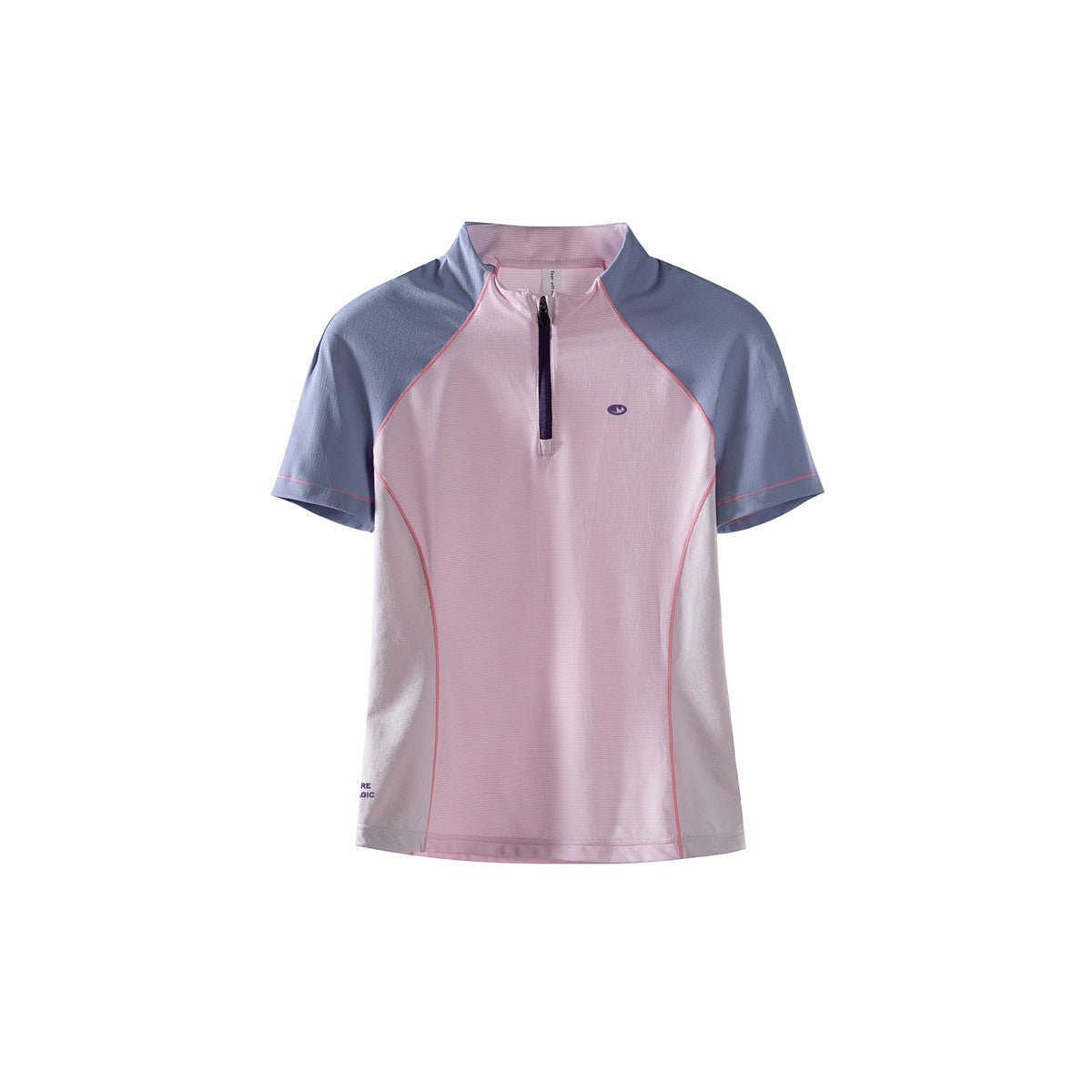 Pink half-zip short-sleeve top with blue-gray raglan sleeves, light side panels and coral piping